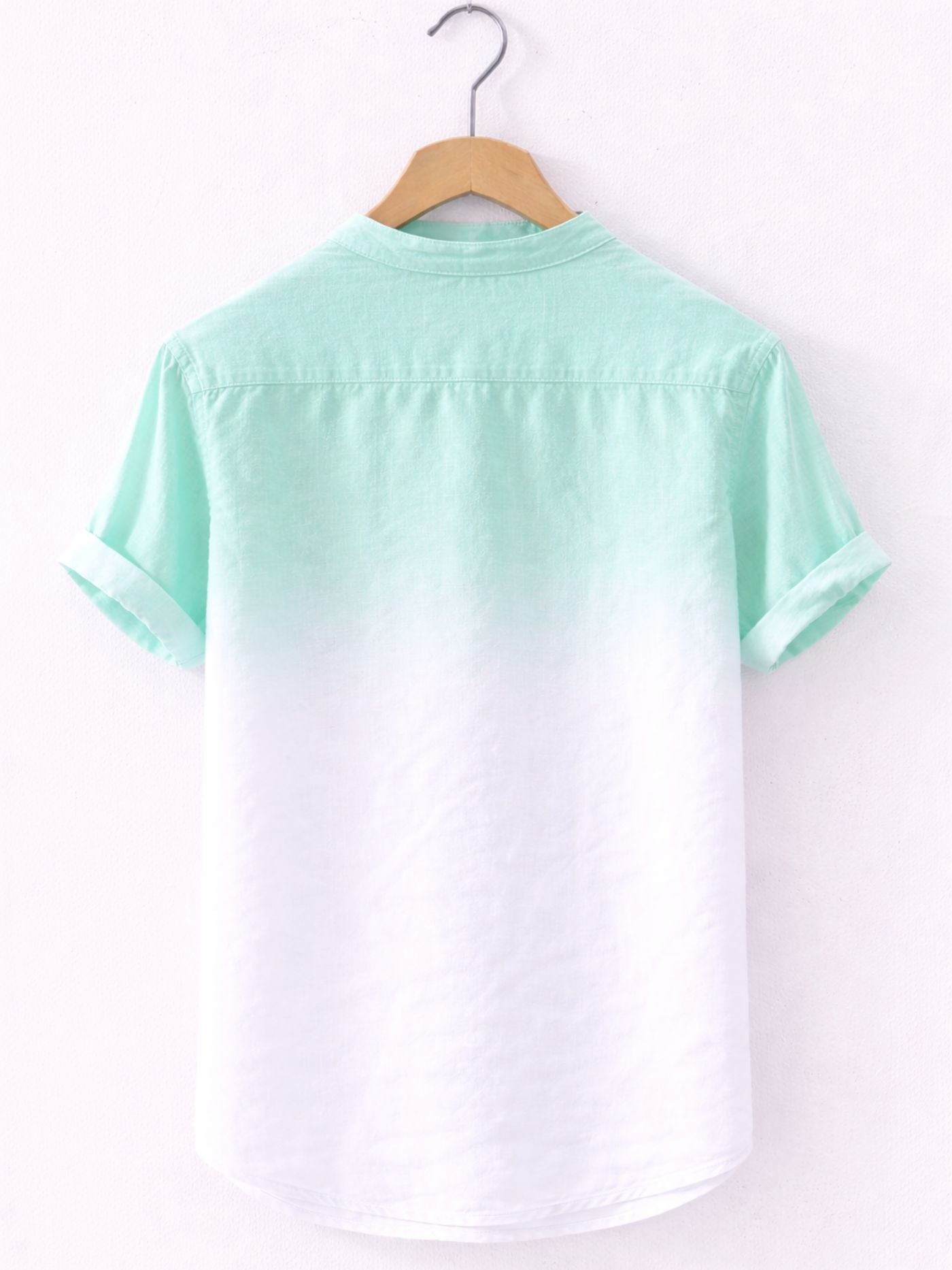 Back view of Swiss Linen Fade Shirt Mint White showing double shoulder yoke and clean fade finish