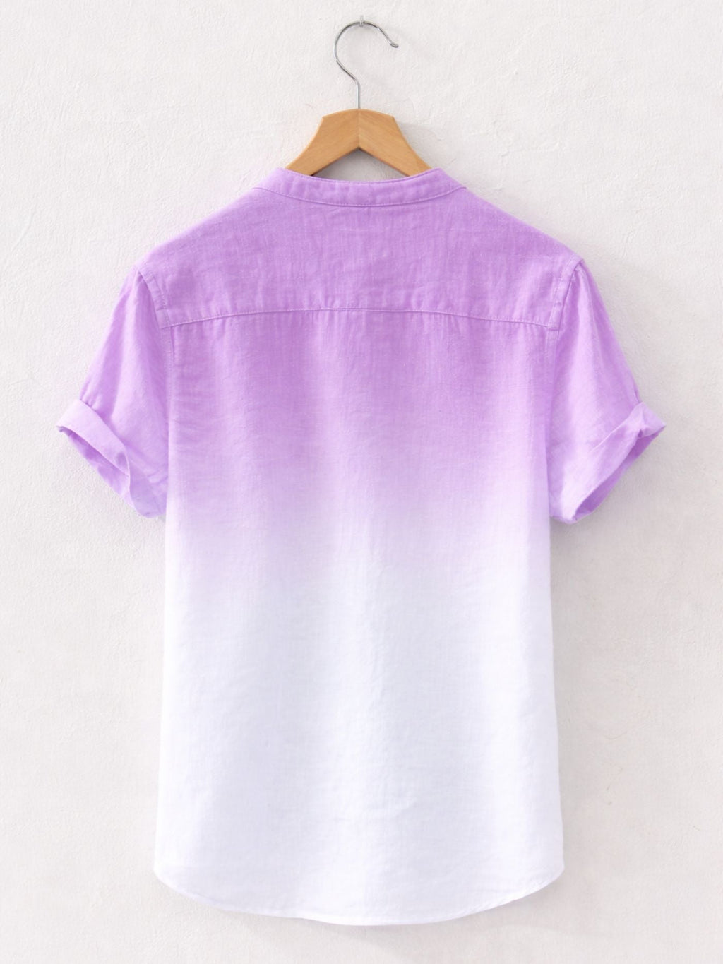 Back view of lavender white Swiss linen fade shirt with reinforced shoulder yoke