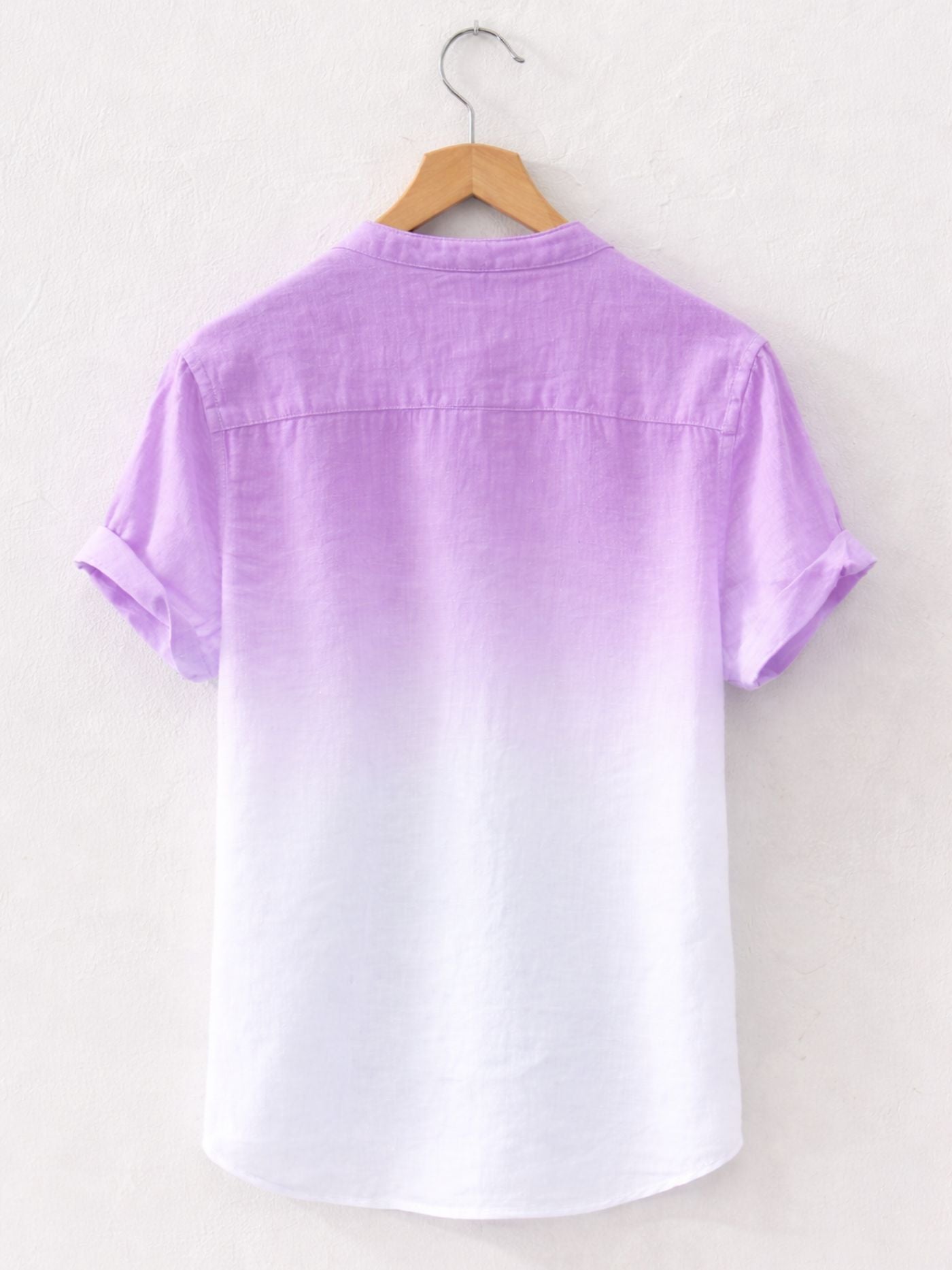 Back view of lavender white Swiss linen fade shirt with reinforced shoulder yoke