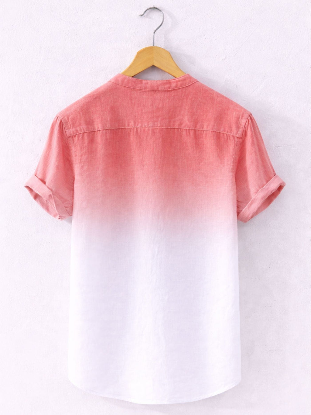 Back view of rose white Swiss linen fade shirt with reinforced shoulder yoke