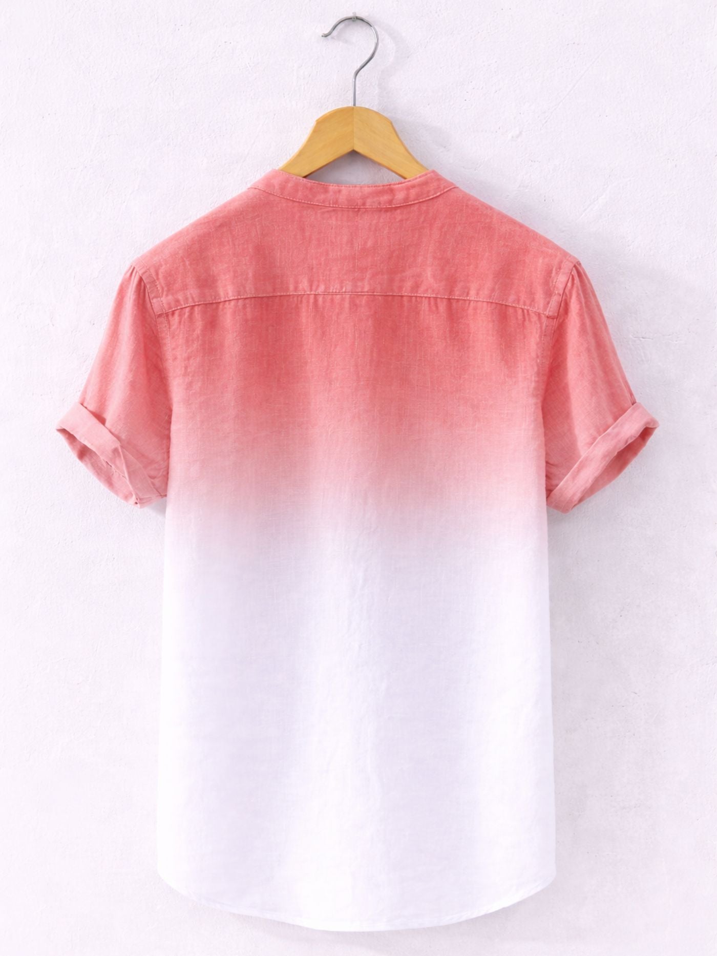 Back view of rose white Swiss linen fade shirt with reinforced shoulder yoke