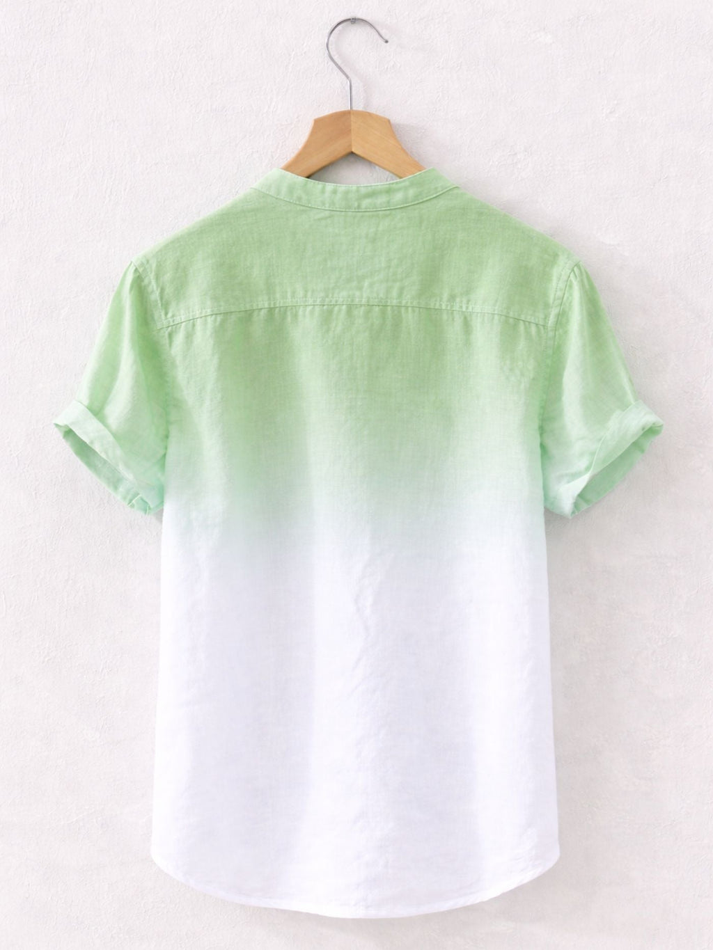 Back view of sea green white Swiss linen fade shirt with reinforced shoulder yoke