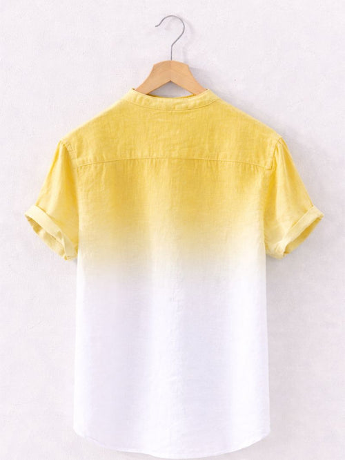 Back view of sunshine yellow white Swiss linen fade shirt with reinforced shoulder yoke