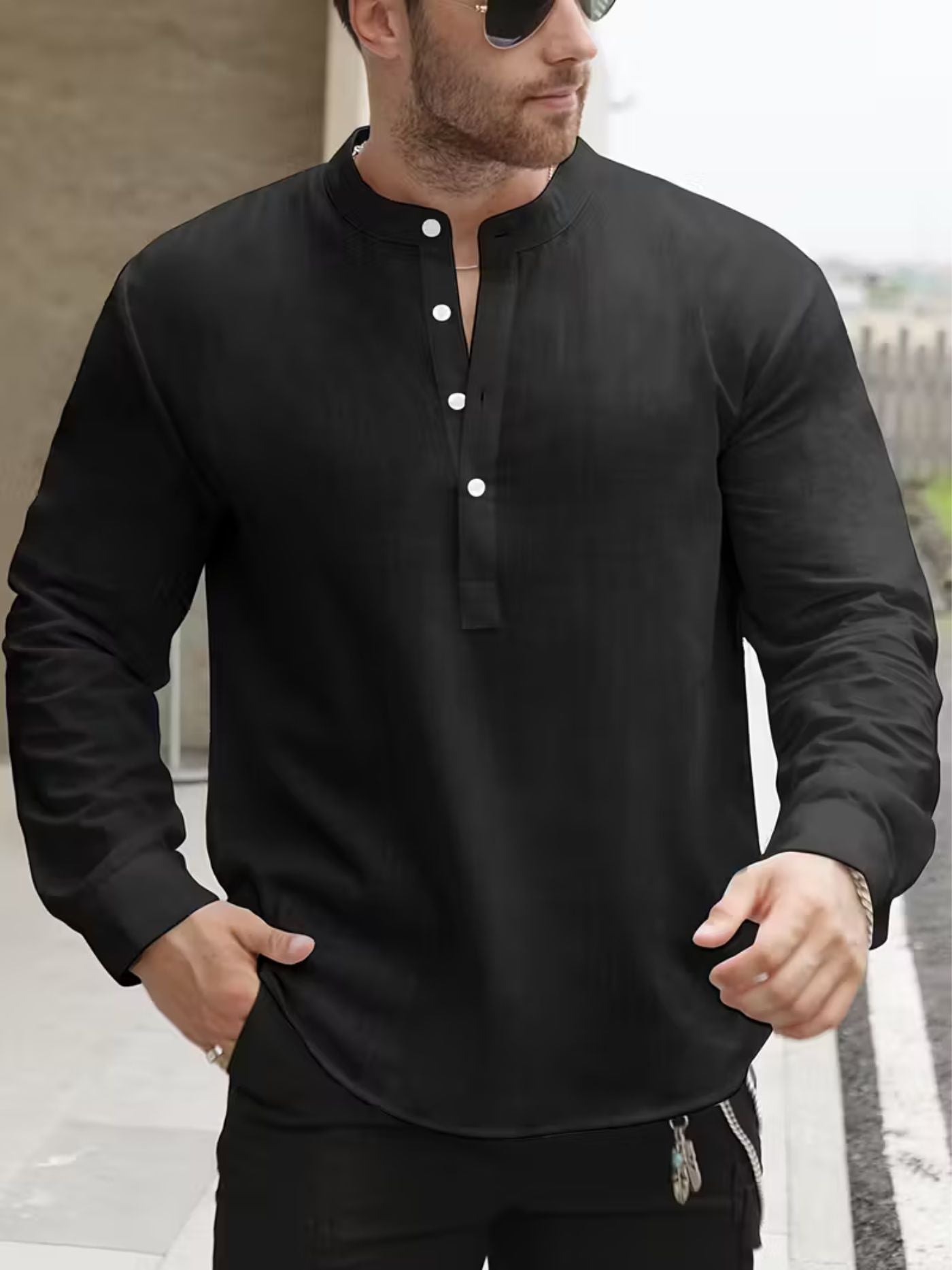 Modern Black Henley Regular-Fit Shirt