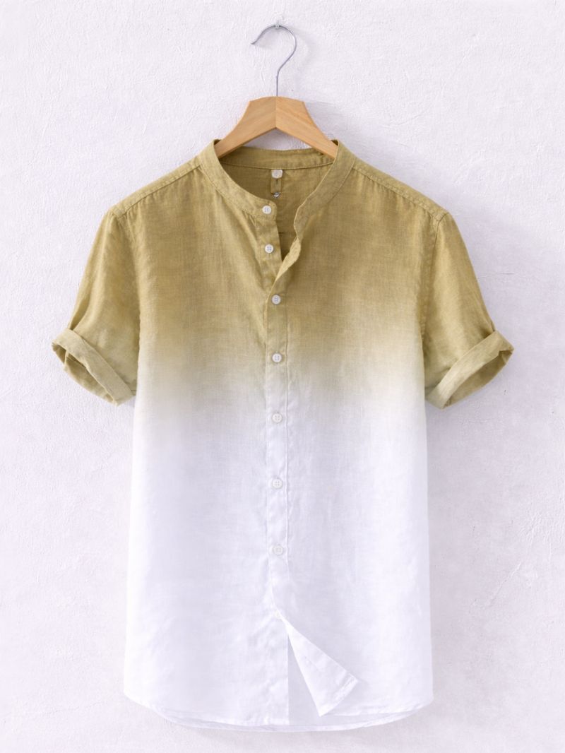 Khaki white Swiss linen fade shirt for men with mandarin collar