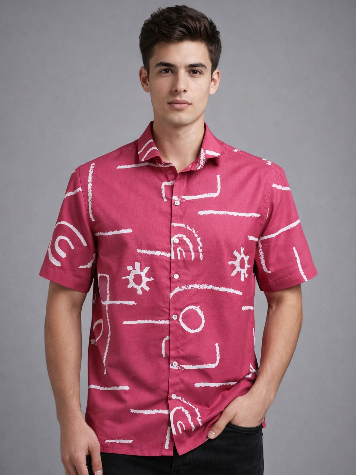 Man wearing Urban Glyph abstract print shirt front view