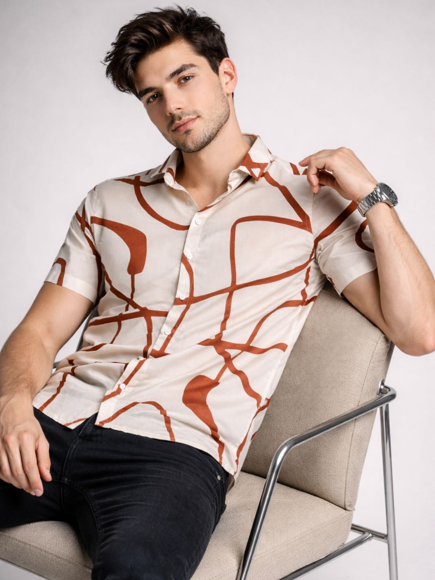 Modern rust line printed short sleeve shirt