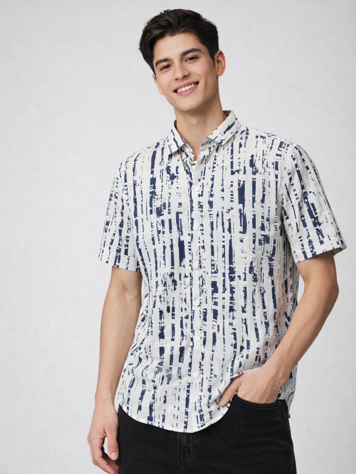 Navy brush stroke print summer shirt for men