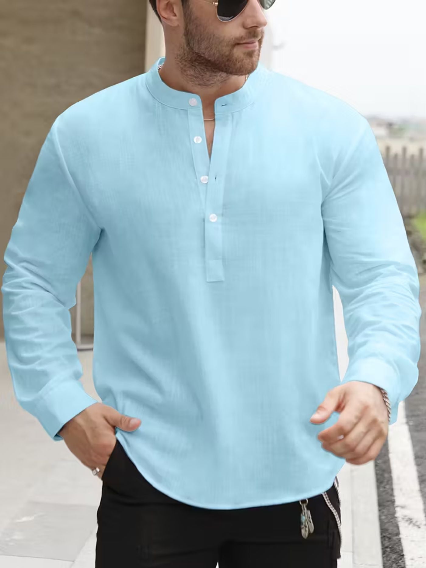 Sky Blue Henley Regular-Fit Shirt