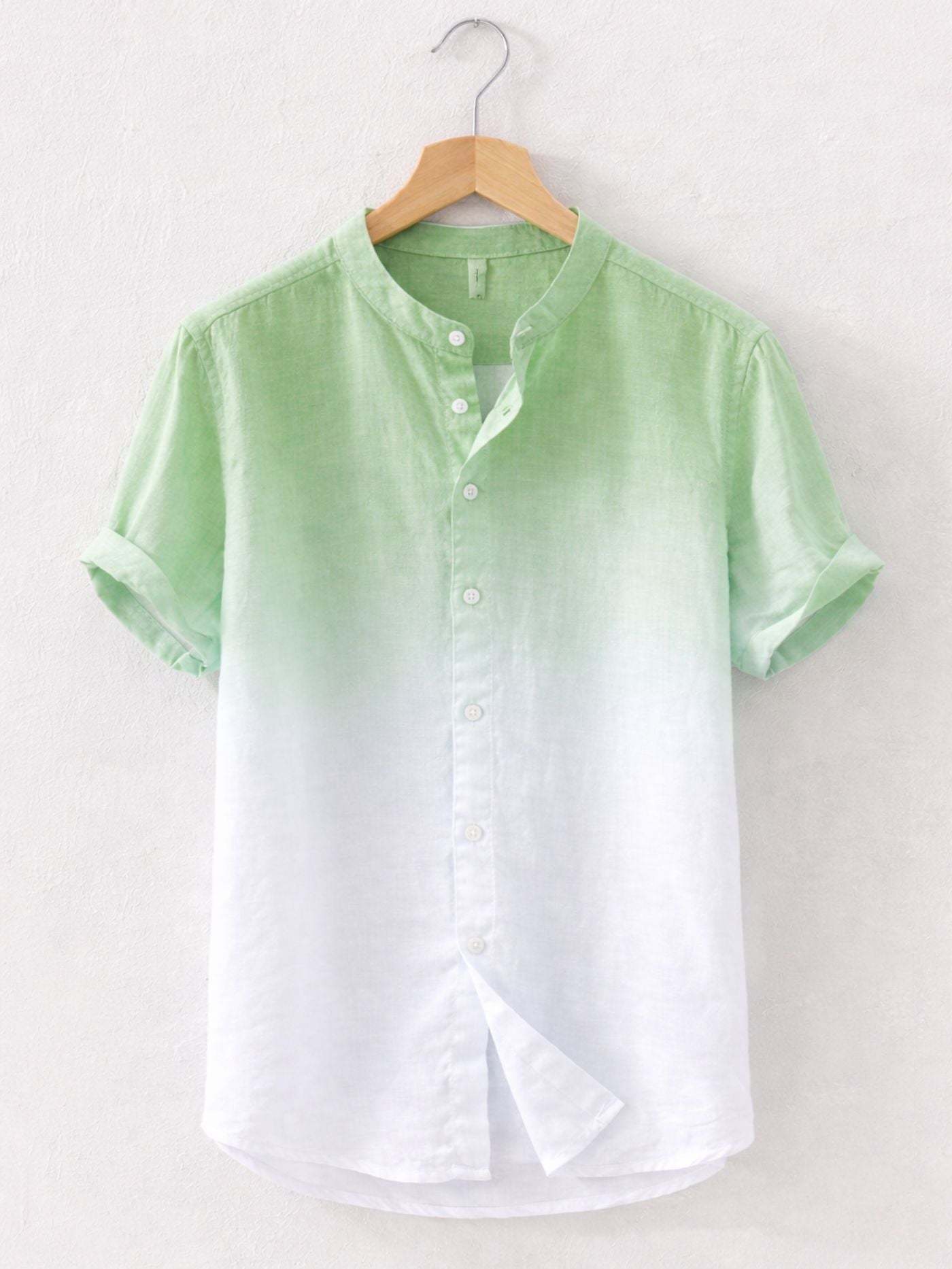 Sea green white Swiss linen fade shirt for men with mandarin collar