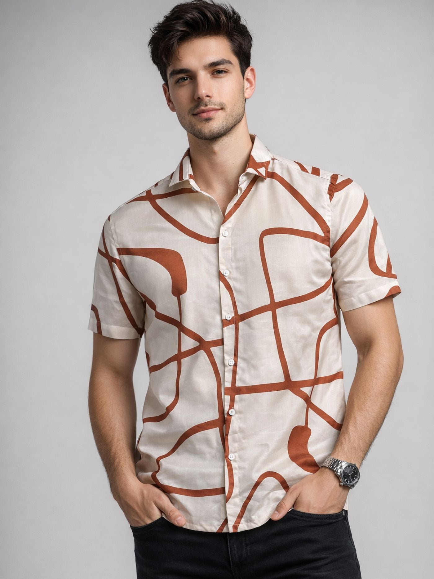 Smart casual beige printed shirt for summer