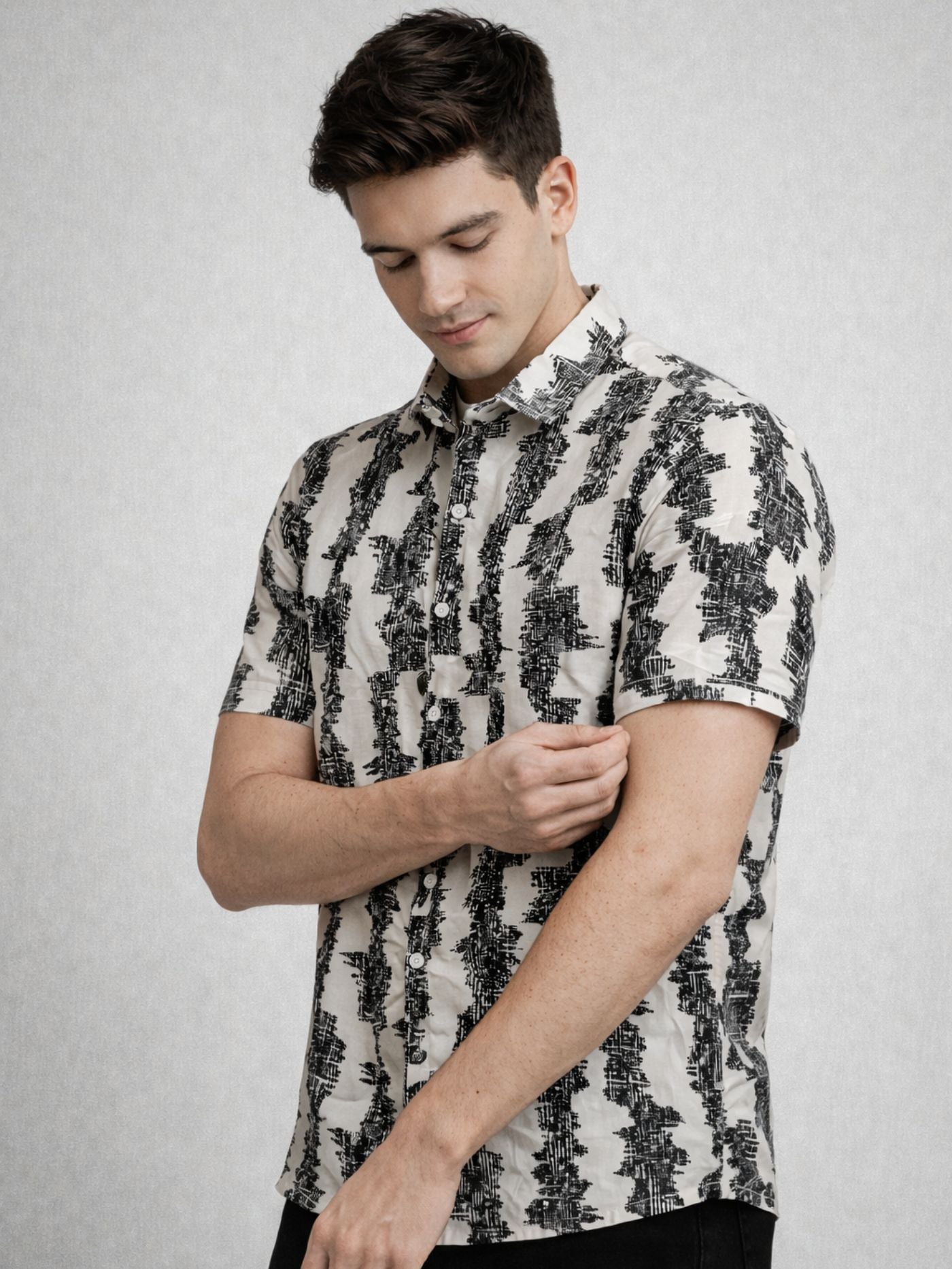 Smart casual black printed shirt with black jeans