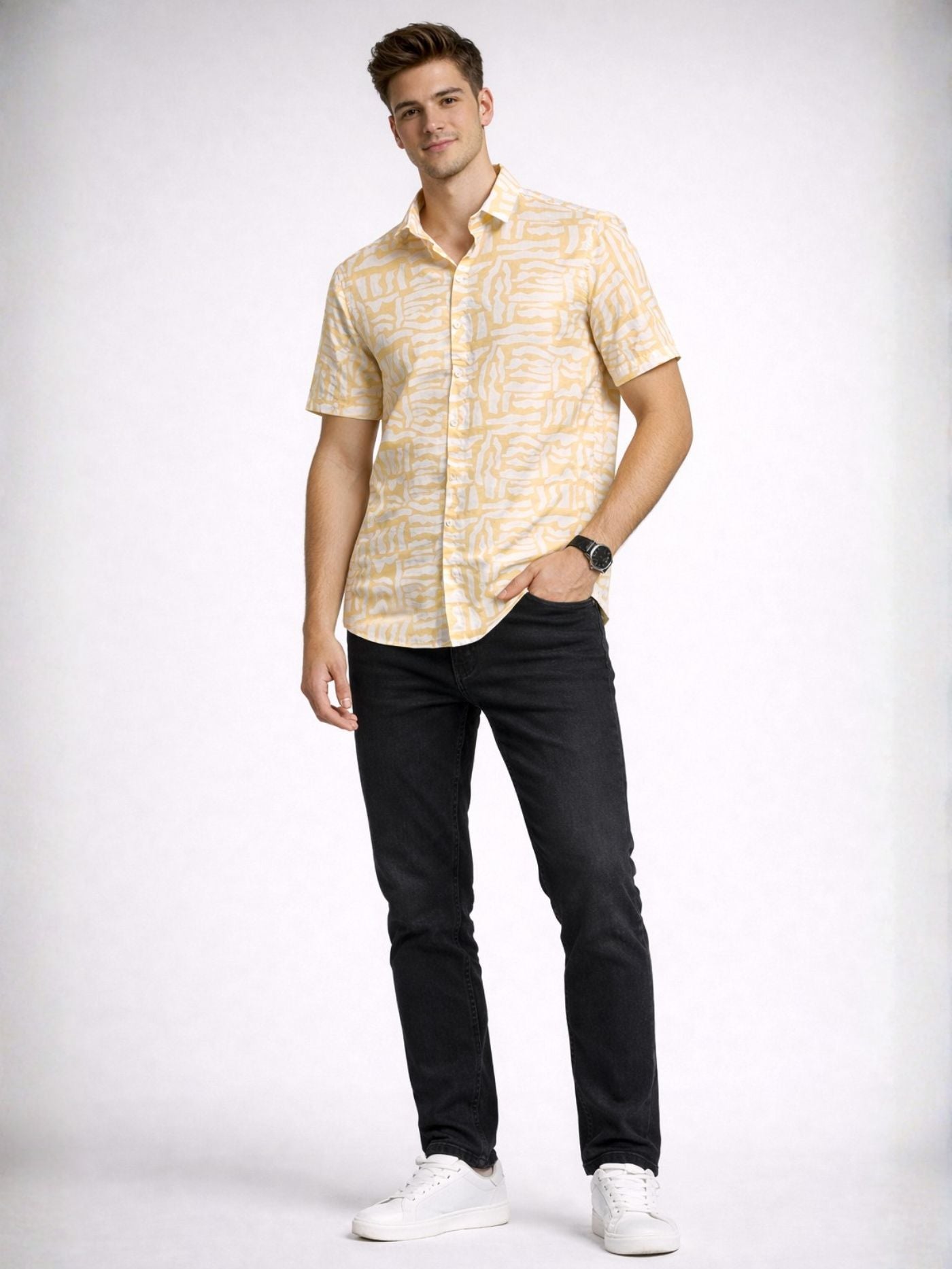 Smart casual yellow shirt paired with black jeans