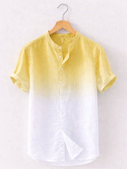 Sunshine yellow white Swiss linen fade shirt for men with mandarin collar