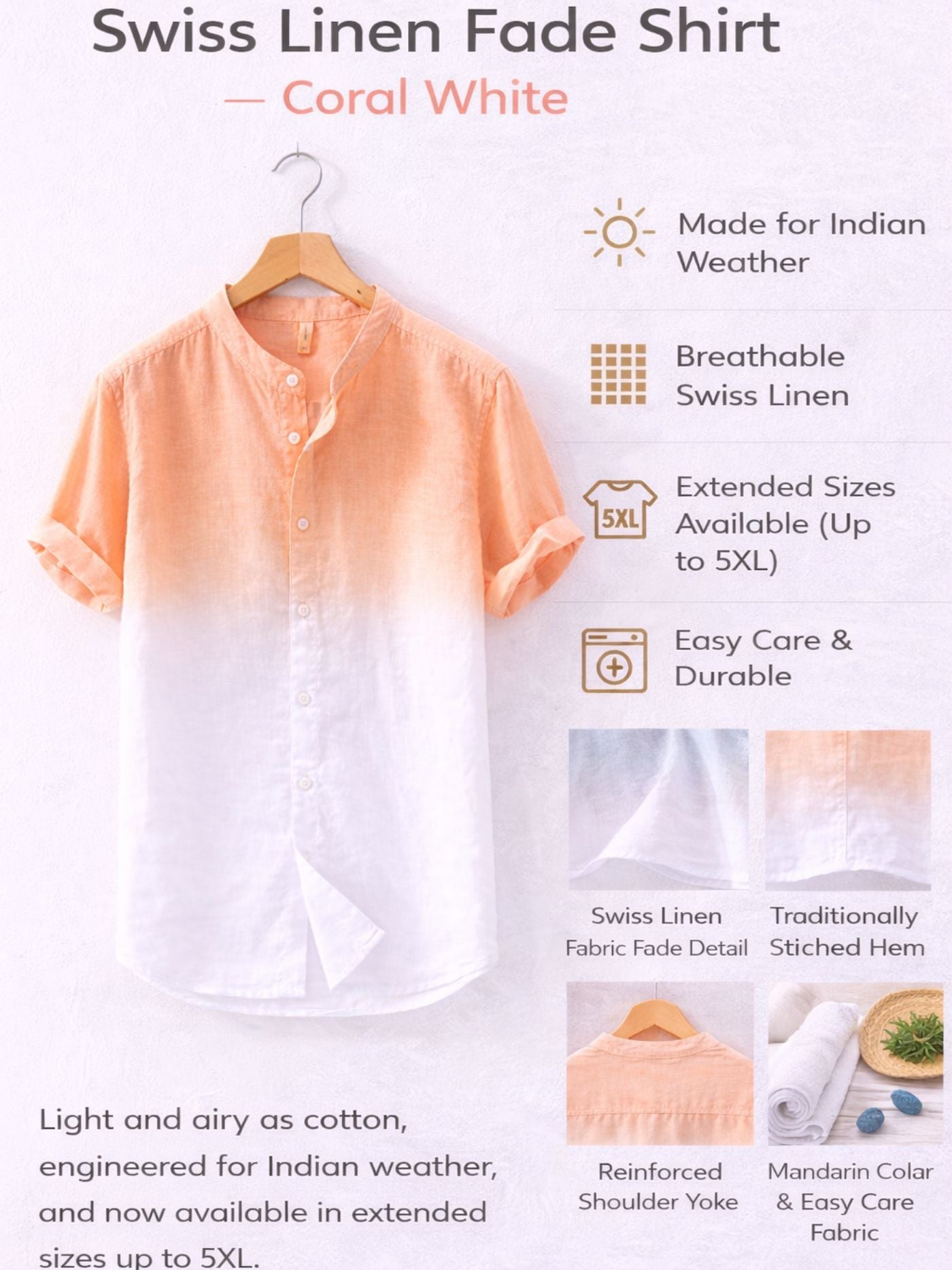 Swiss Linen Fade Shirt Coral White breathable fabric, extended sizes up to 5XL, made for Indian weather