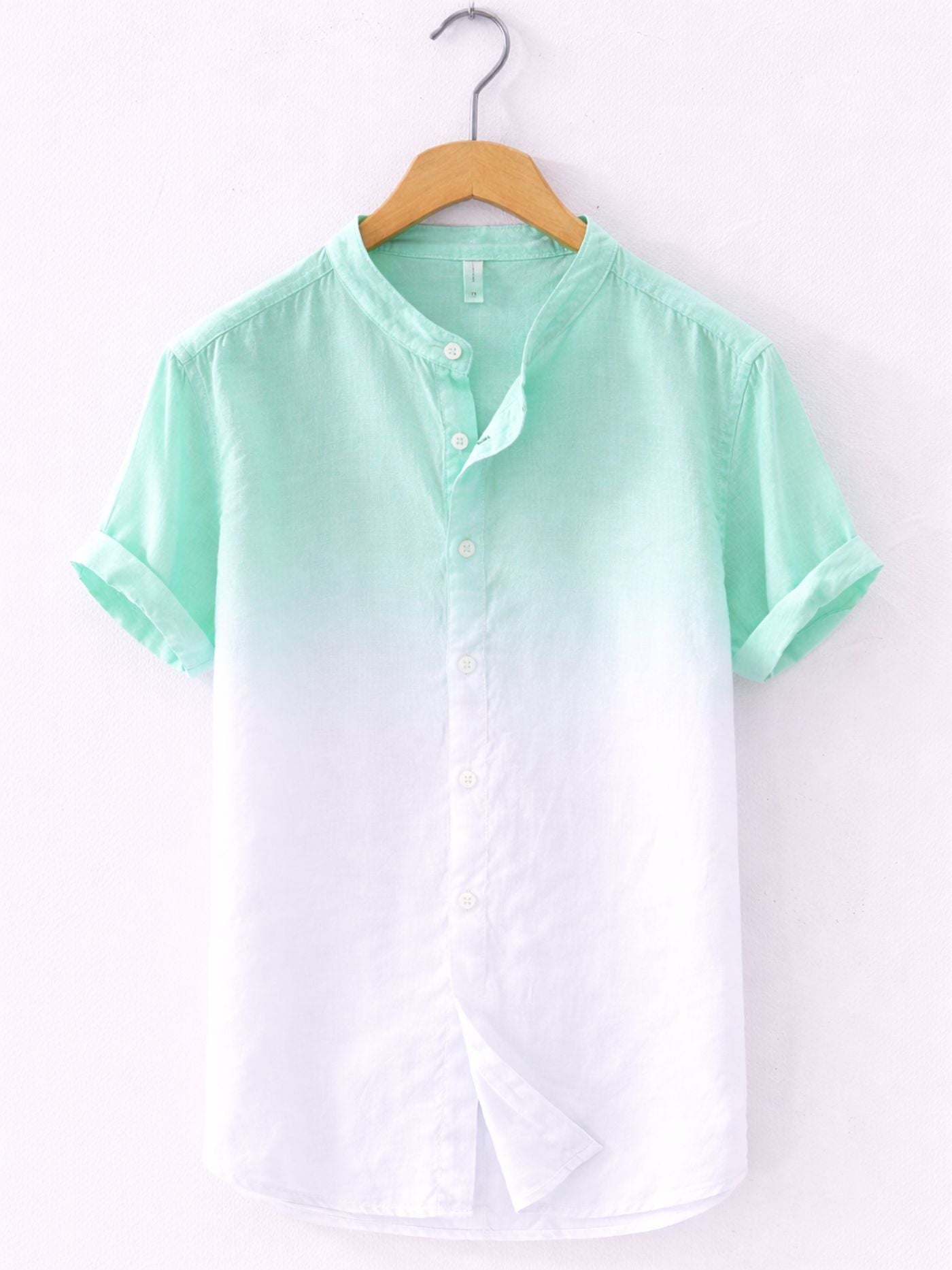 Swiss Linen Fade Shirt in Mint White with mandarin collar, breathable summer shirt for men