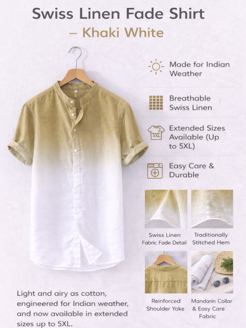 Swiss linen fade shirt khaki white showing fabric and craftsmanship details