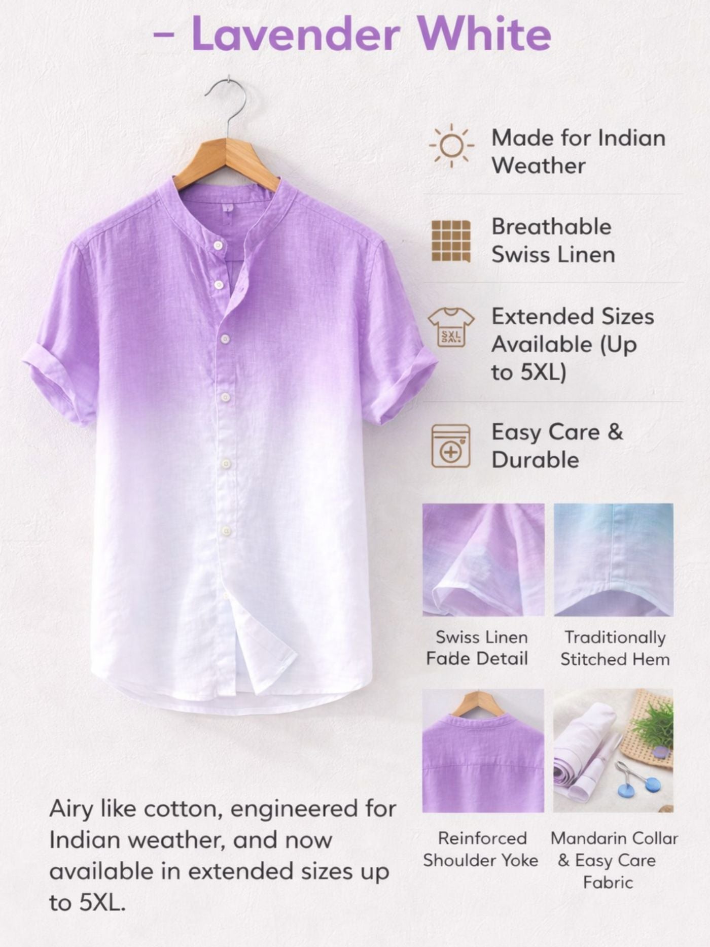 Swiss linen fade shirt lavender white showing fabric, fit and craftsmanship details