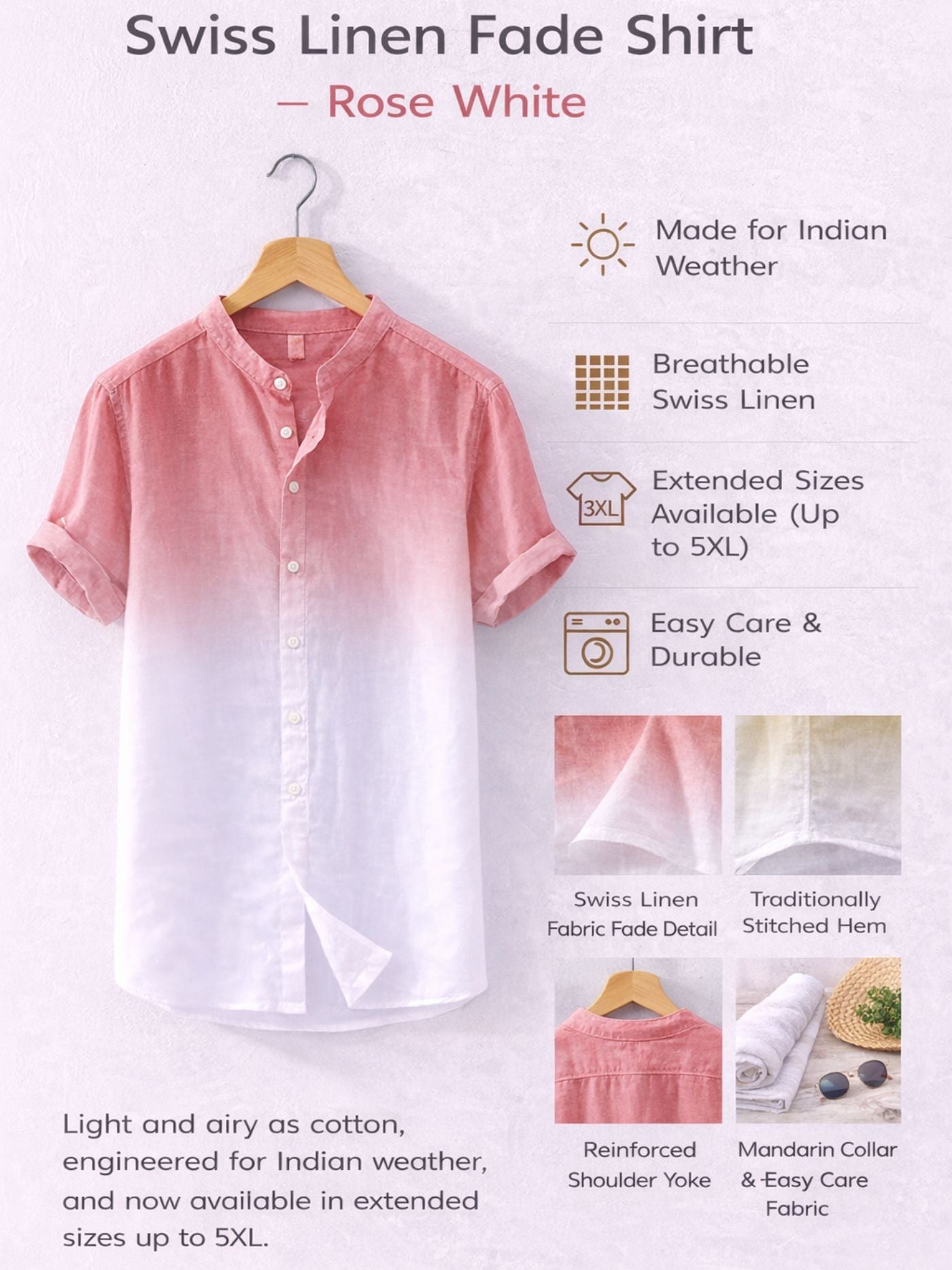 Swiss linen fade shirt rose white showing fabric and craftsmanship details