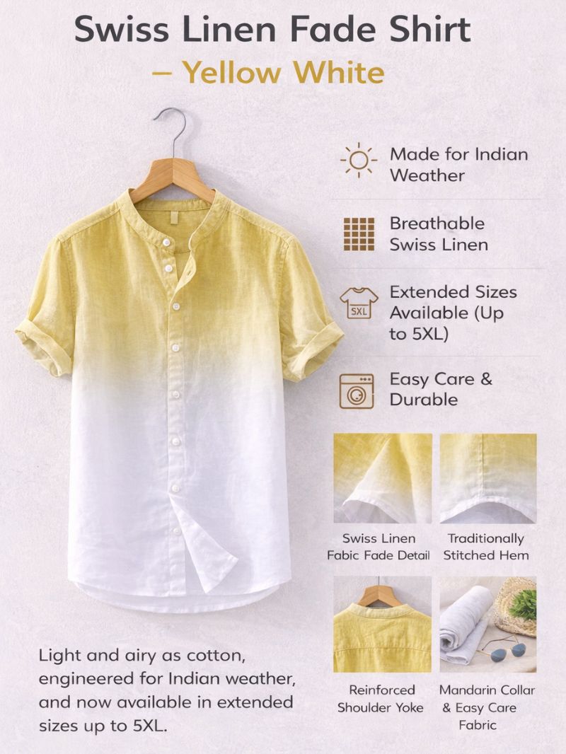 Swiss linen fade shirt sunshine yellow white showing fabric and craftsmanship details