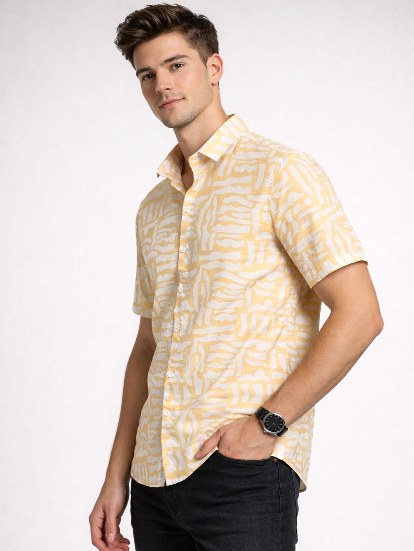 Yellow patterned short sleeve summer shirt for men