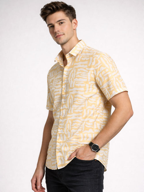 Yellow patterned short sleeve summer shirt for men